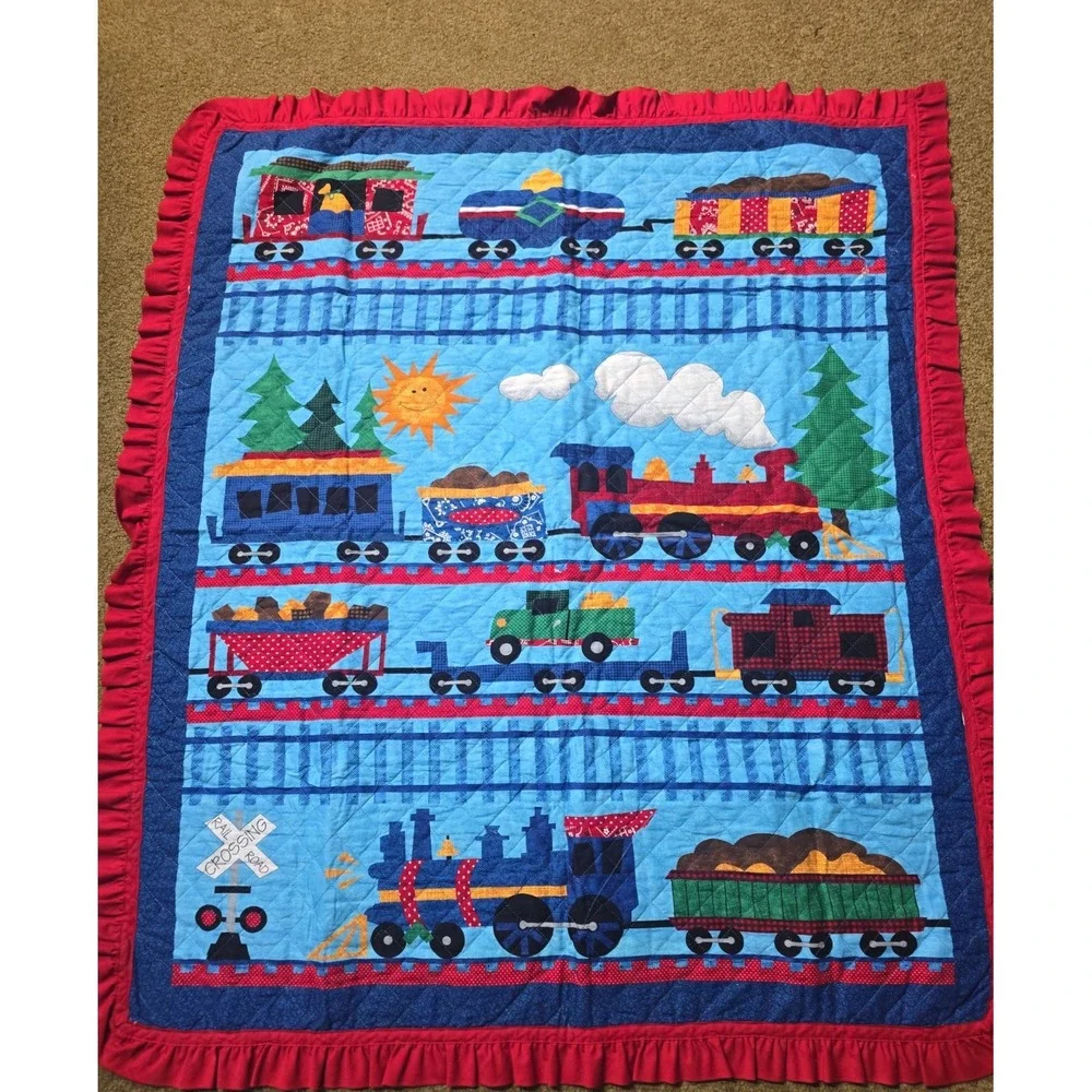 Vtg Kids Train Quilt Blanket Railroad Locomotive Ruffle Grandmacore 37 x 44